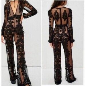 New For Love & Lemons x Free People Temecula Sheer Black Lace Jumpsuit XL